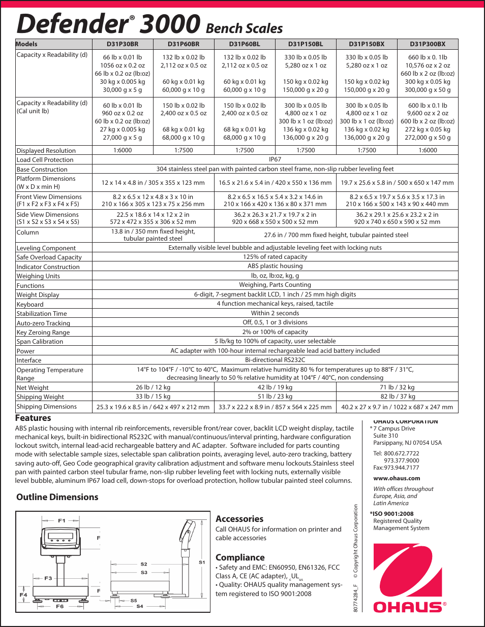 Defender, Bench scales, Accessories | Compliance, Outline dimensions features | Ohaus DEFENDER 3000 BENCH SCALES Data Sheet User Manual | Page 2 / 2