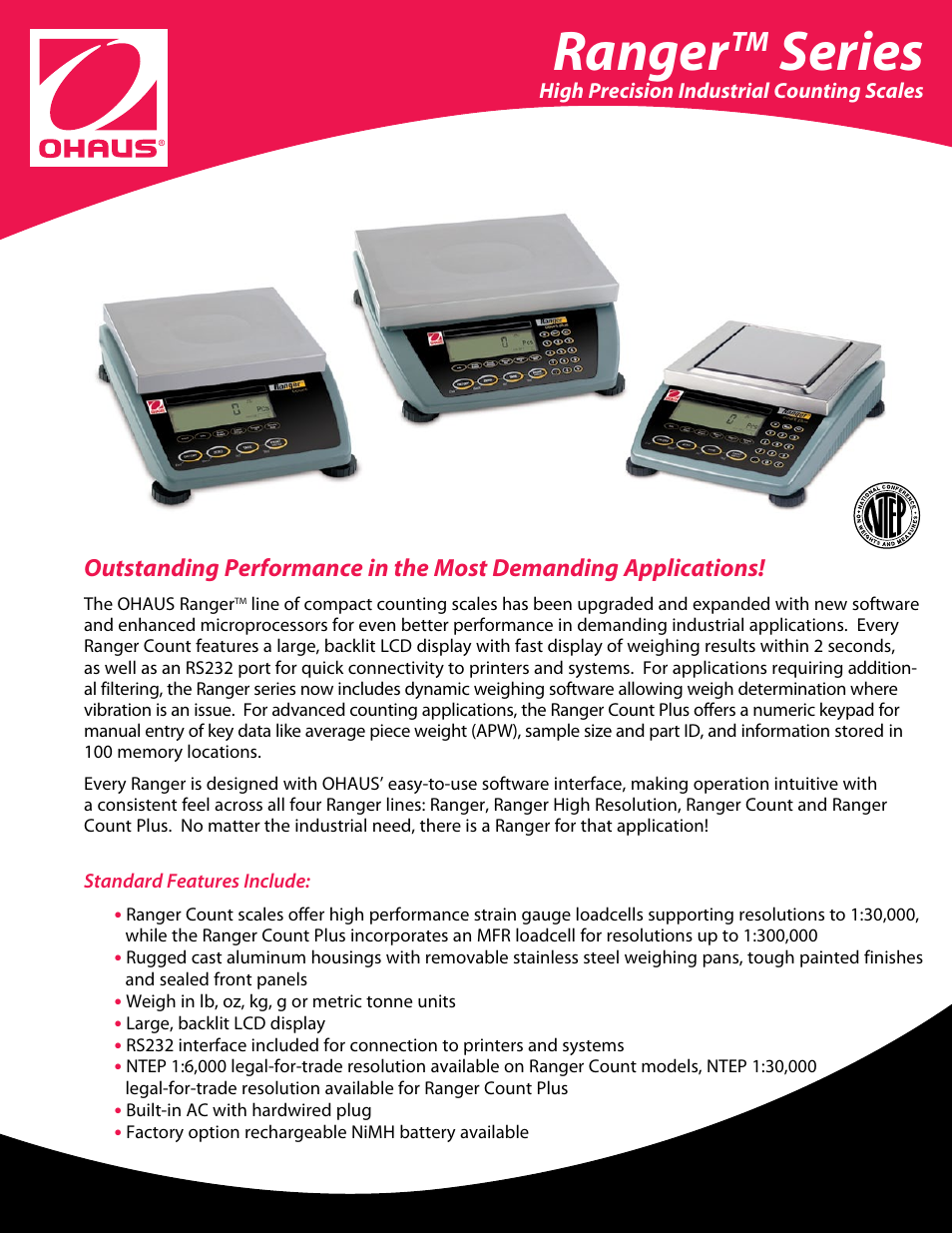 Ohaus RANGER COMPACT COUNTING SCALES Data Sheet User Manual | 4 pages