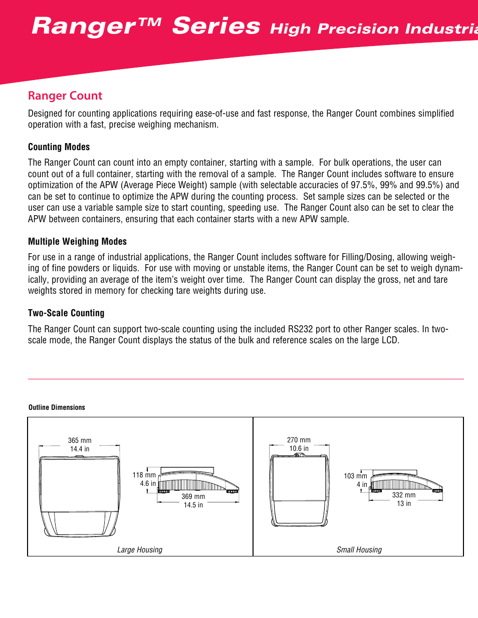 Ranger, Series, High precision industrial counting scales | Ranger count | Ohaus RANGER COMPACT COUNTING SCALES Data Sheet User Manual | Page 2 / 4