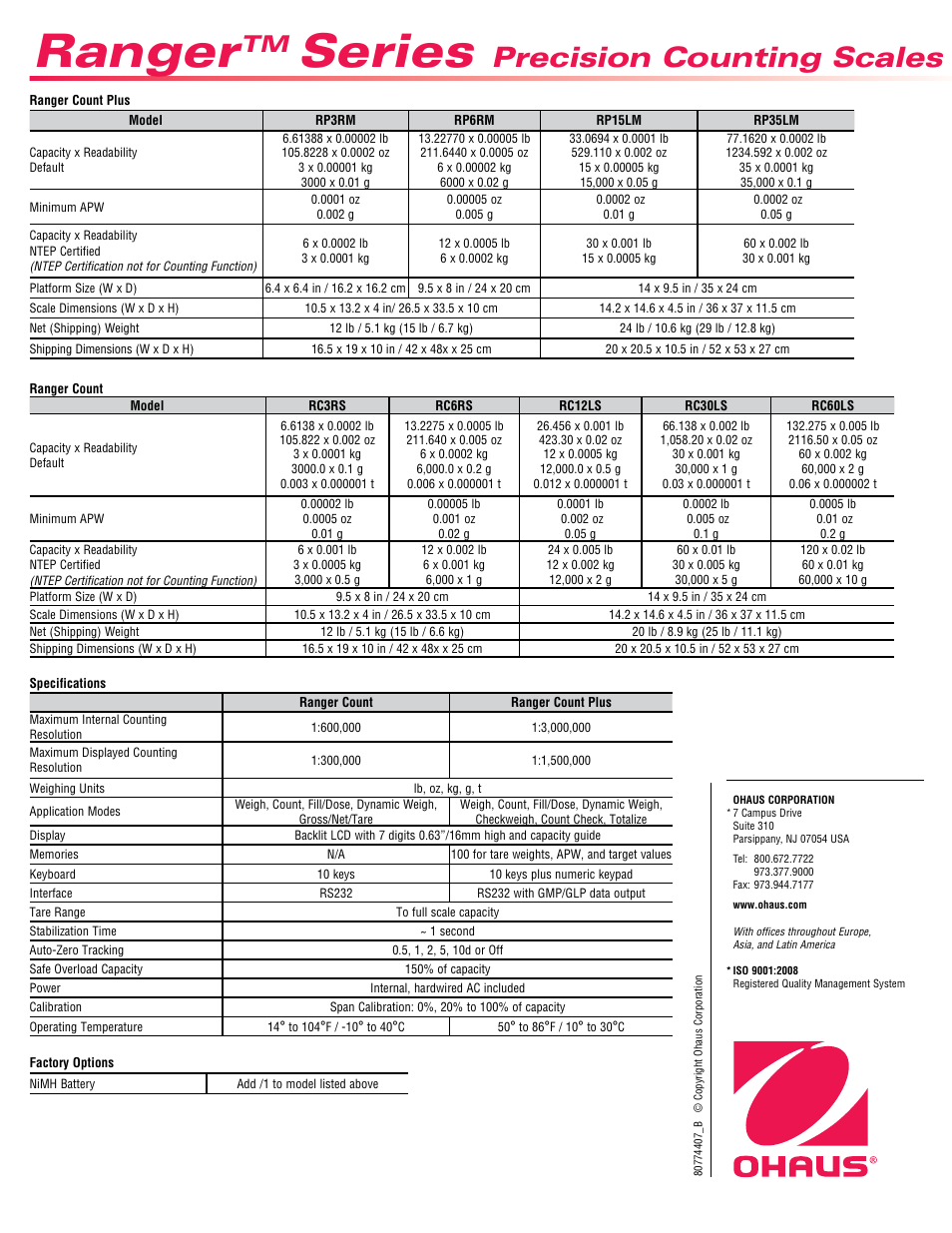 Ranger, Series, Precision counting scales | Ohaus RANGER COMPACT COUNTING SCALES Data Sheet User Manual | Page 4 / 4