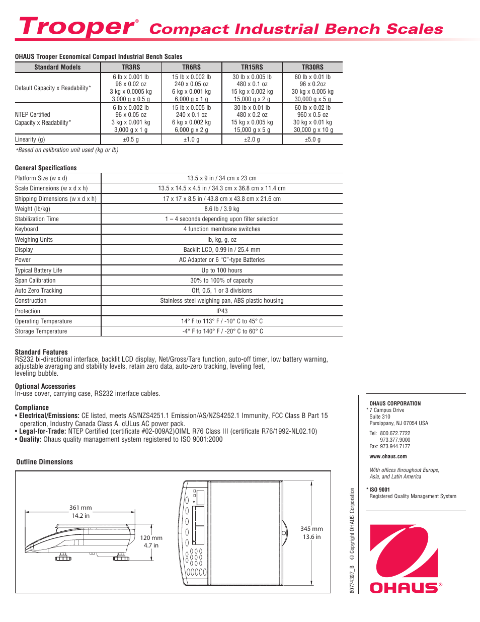 Trooper, Compact industrial bench scales | Ohaus TROOPER COMPACT SCALES Data Sheet User Manual | Page 2 / 2