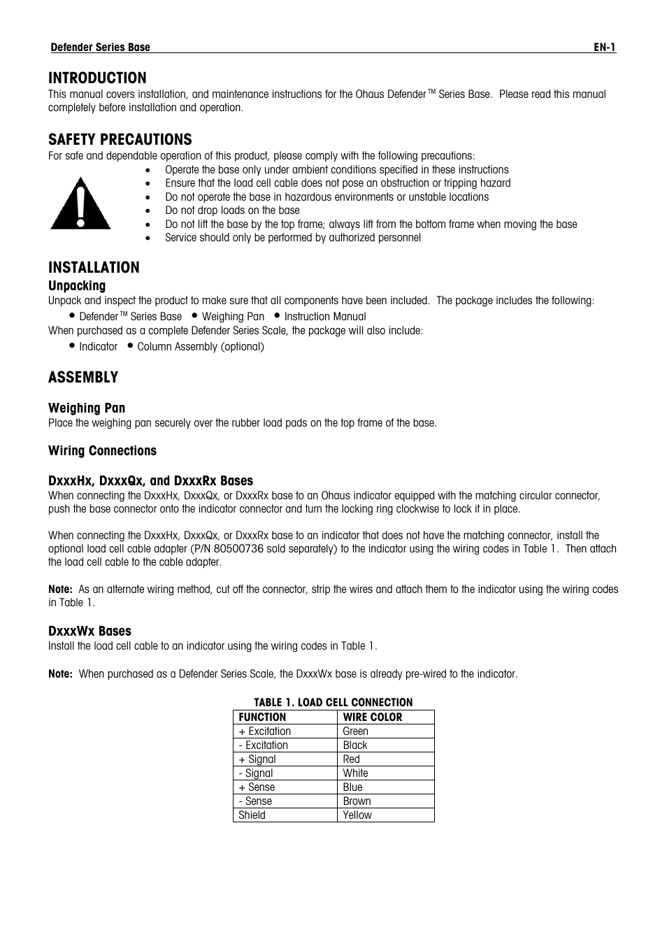 2 80251421_c_dh-dq-dw-dr_en_text.doc, Introduction, Safety precautions | Installation, Assembly | Ohaus DEFENDER 5000 BENCH SCALES Base Manual en User Manual | Page 3 / 14