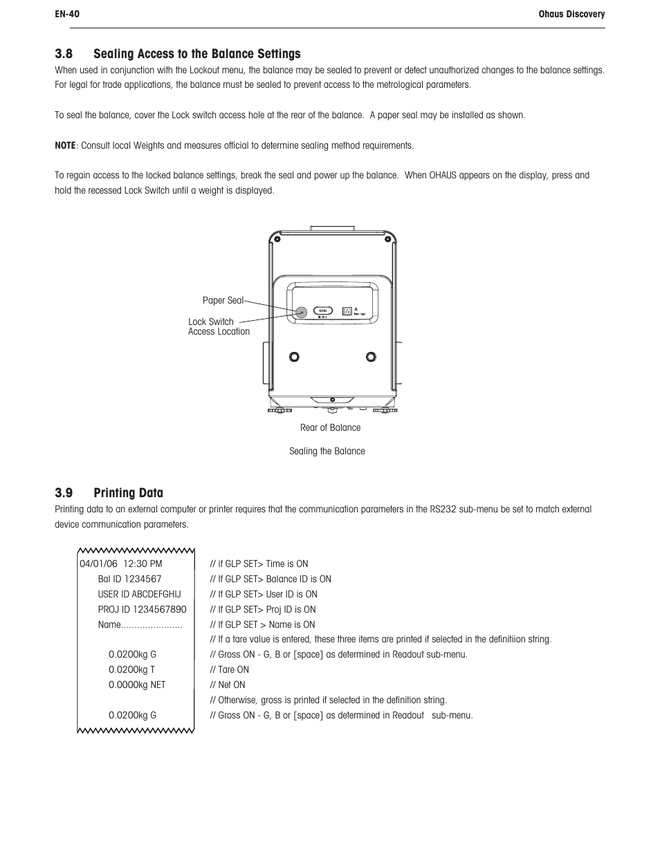 8 sealing access to the balance settings, 9 printing data | Ohaus DISCOVERY SEMI-MICRO AND ANALYTICAL BALANCES Manual User Manual | Page 44 / 52