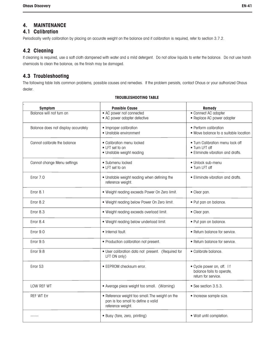 Maintenance 4.1 calibration, 2 cleaning, 3 troubleshooting | Ohaus DISCOVERY SEMI-MICRO AND ANALYTICAL BALANCES Manual User Manual | Page 45 / 52
