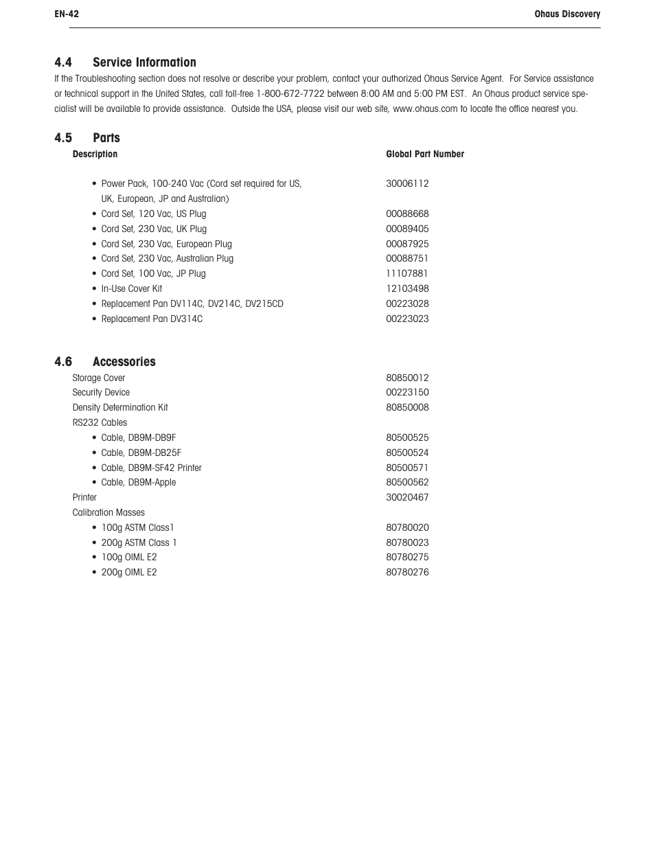 6 accessories, 4 service information, 5 parts | Ohaus DISCOVERY SEMI-MICRO AND ANALYTICAL BALANCES Manual User Manual | Page 46 / 52