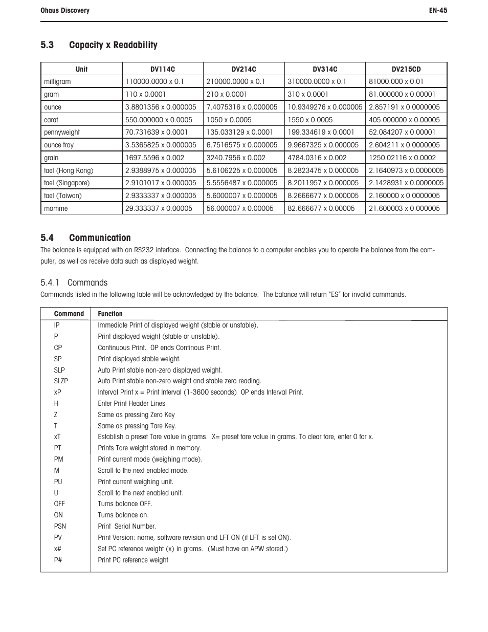 3 capacity x readability, 4 communication | Ohaus DISCOVERY SEMI-MICRO AND ANALYTICAL BALANCES Manual User Manual | Page 49 / 52