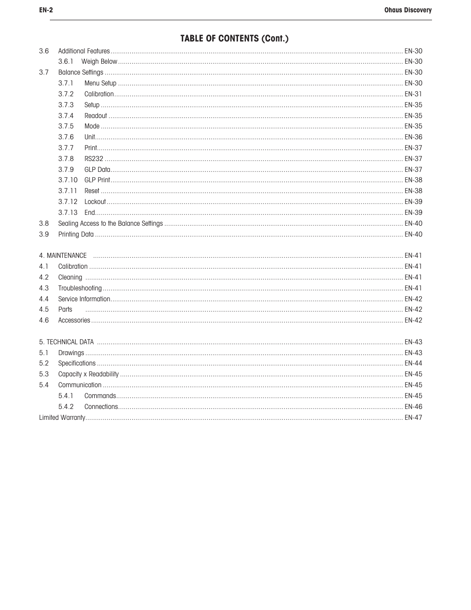 Table of contents (cont.) | Ohaus DISCOVERY SEMI-MICRO AND ANALYTICAL BALANCES Manual User Manual | Page 6 / 52