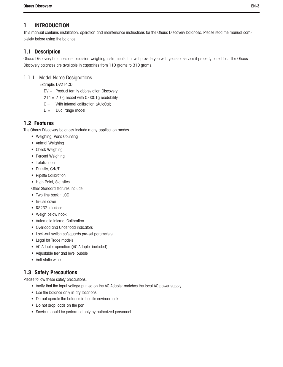 1 introduction, 1 description, 2 features | 3 safety precautions | Ohaus DISCOVERY SEMI-MICRO AND ANALYTICAL BALANCES Manual User Manual | Page 7 / 52