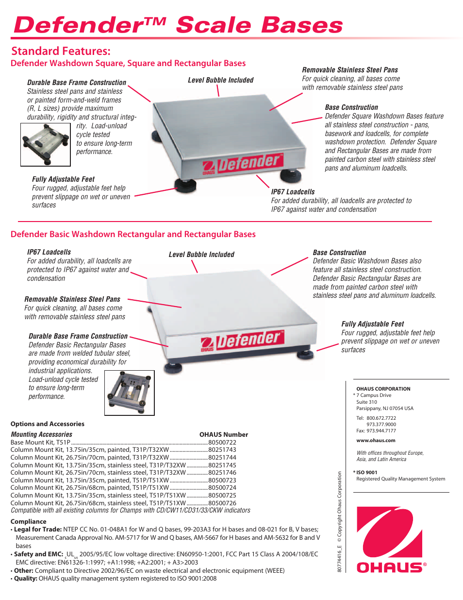 Defender, Scale bases, Standard features | Ohaus DEFENDER Bases Data Sheet User Manual | Page 4 / 4