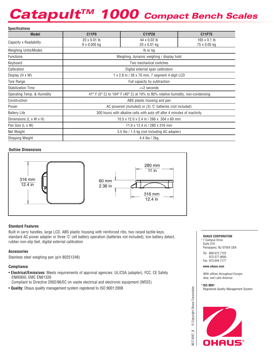 Catapult, Compact bench scales | Ohaus CATAPULT 1000 SCALES Data Sheet User Manual | Page 2 / 2