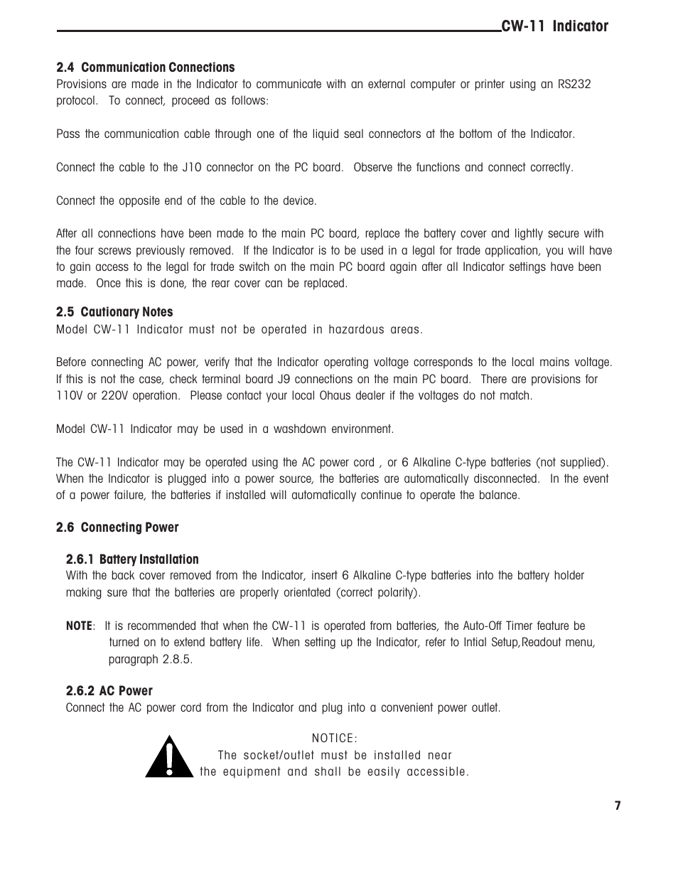 1 battery installation 2.6.2 ac power, Cw-11 indicator | Ohaus CW-11 Indicator User Manual | Page 10 / 37