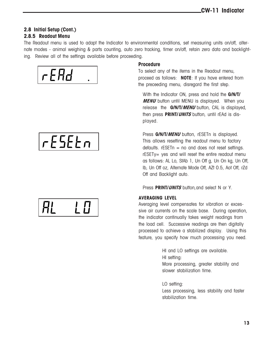 5 readout menu, Cw-11 indicator | Ohaus CW-11 Indicator User Manual | Page 16 / 37