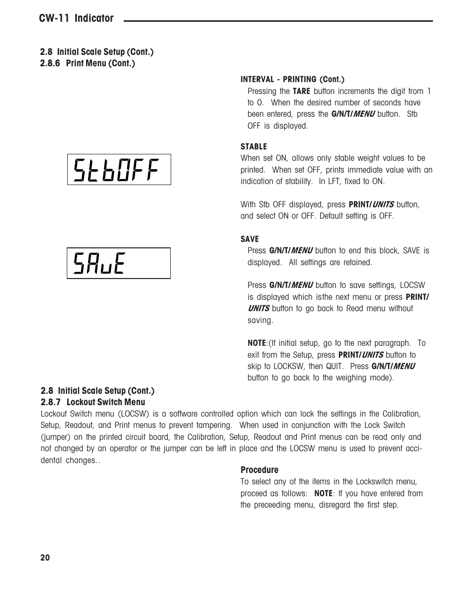 7 lockout switch menu, Cw-11 indicator | Ohaus CW-11 Indicator User Manual | Page 23 / 37