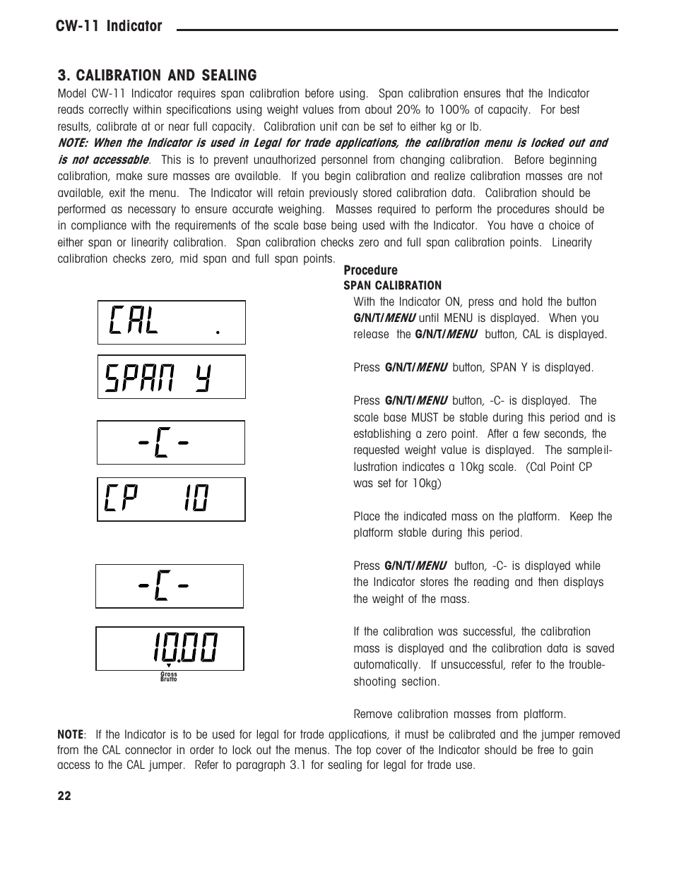 Calibration, Calibration and sealing, Cw-11 indicator 3.calibration and sealing | Ohaus CW-11 Indicator User Manual | Page 25 / 37