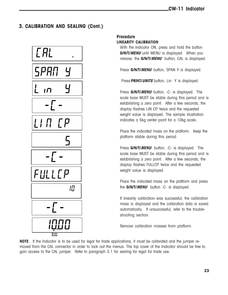 Cw-11 indicator, Calibration and sealing (cont.) | Ohaus CW-11 Indicator User Manual | Page 26 / 37