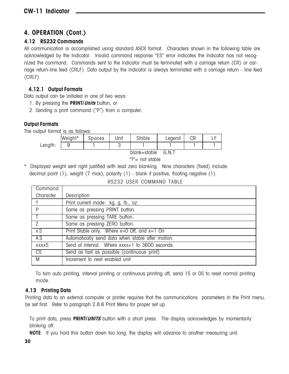 Rs232, 12 rs232 commands, 1 output formats | 13 printing data, Cw-11 indicator, Operation (cont.) | Ohaus CW-11 Indicator User Manual | Page 33 / 37