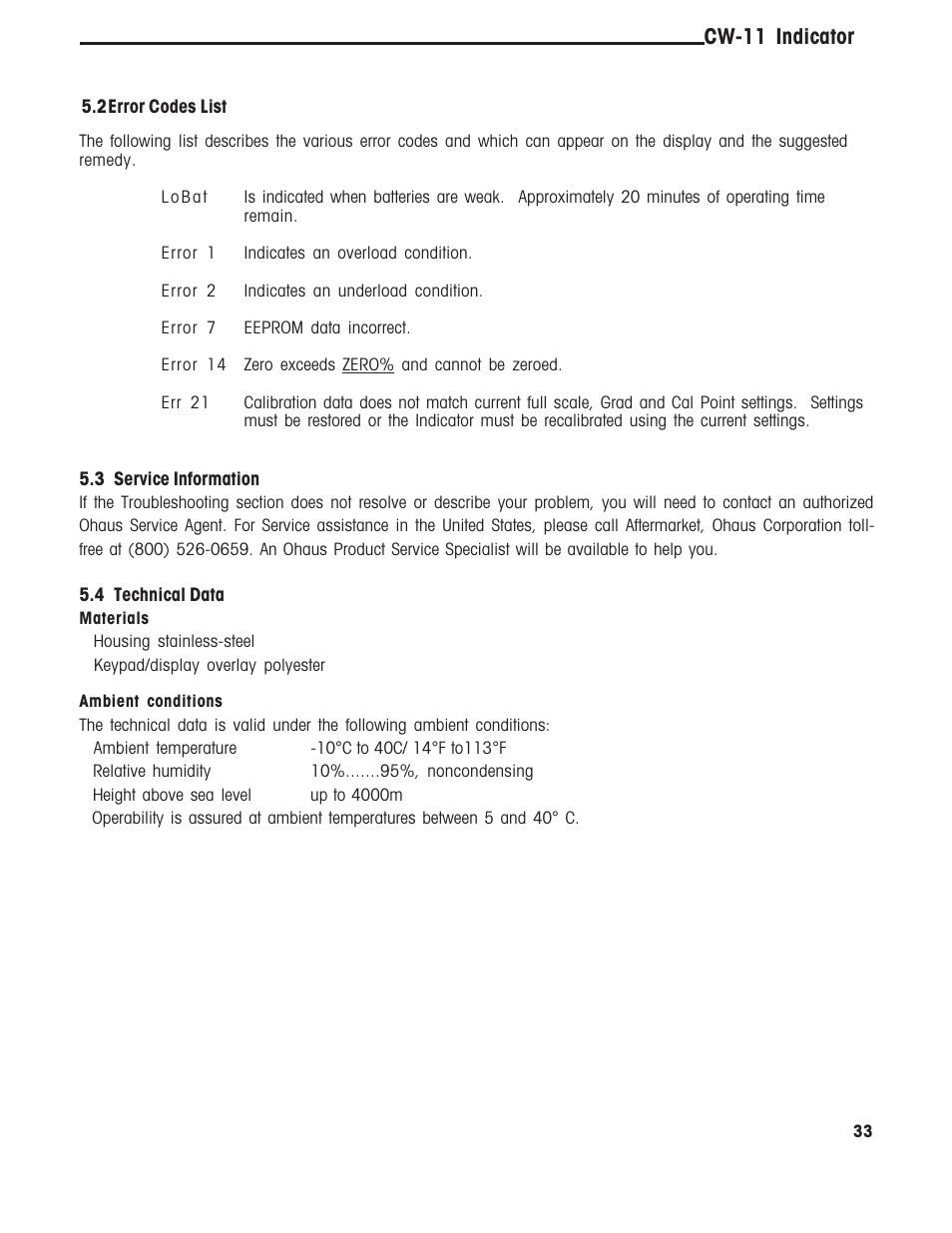 Error codes, Cw-11 indicator | Ohaus CW-11 Indicator User Manual | Page 36 / 37