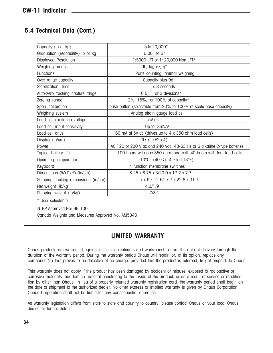Specifications, Cw-11 indicator, 4 technical data (cont.) | Limited warranty | Ohaus CW-11 Indicator User Manual | Page 37 / 37