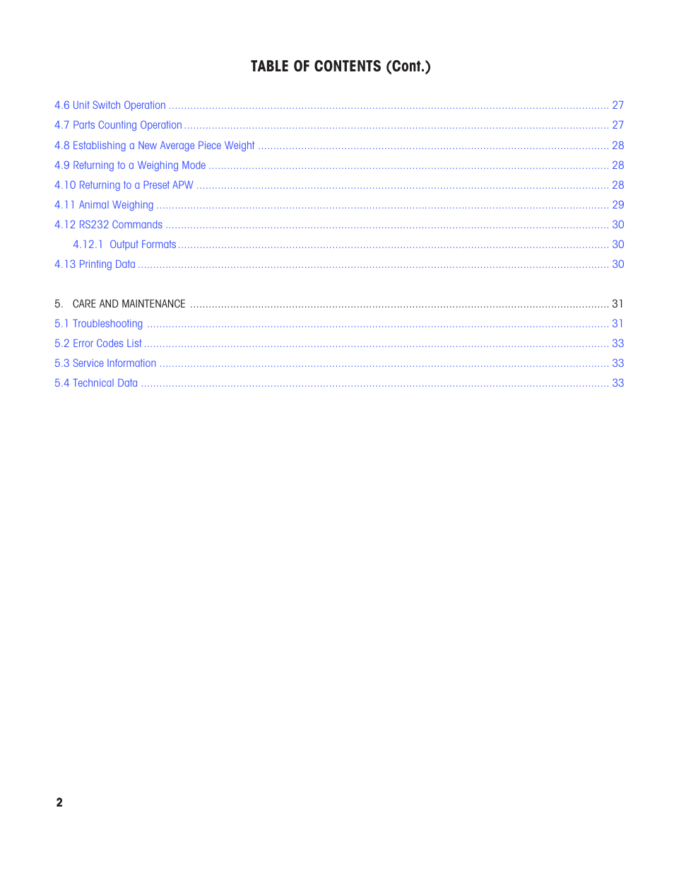 Table of contents (cont.) | Ohaus CW-11 Indicator User Manual | Page 5 / 37