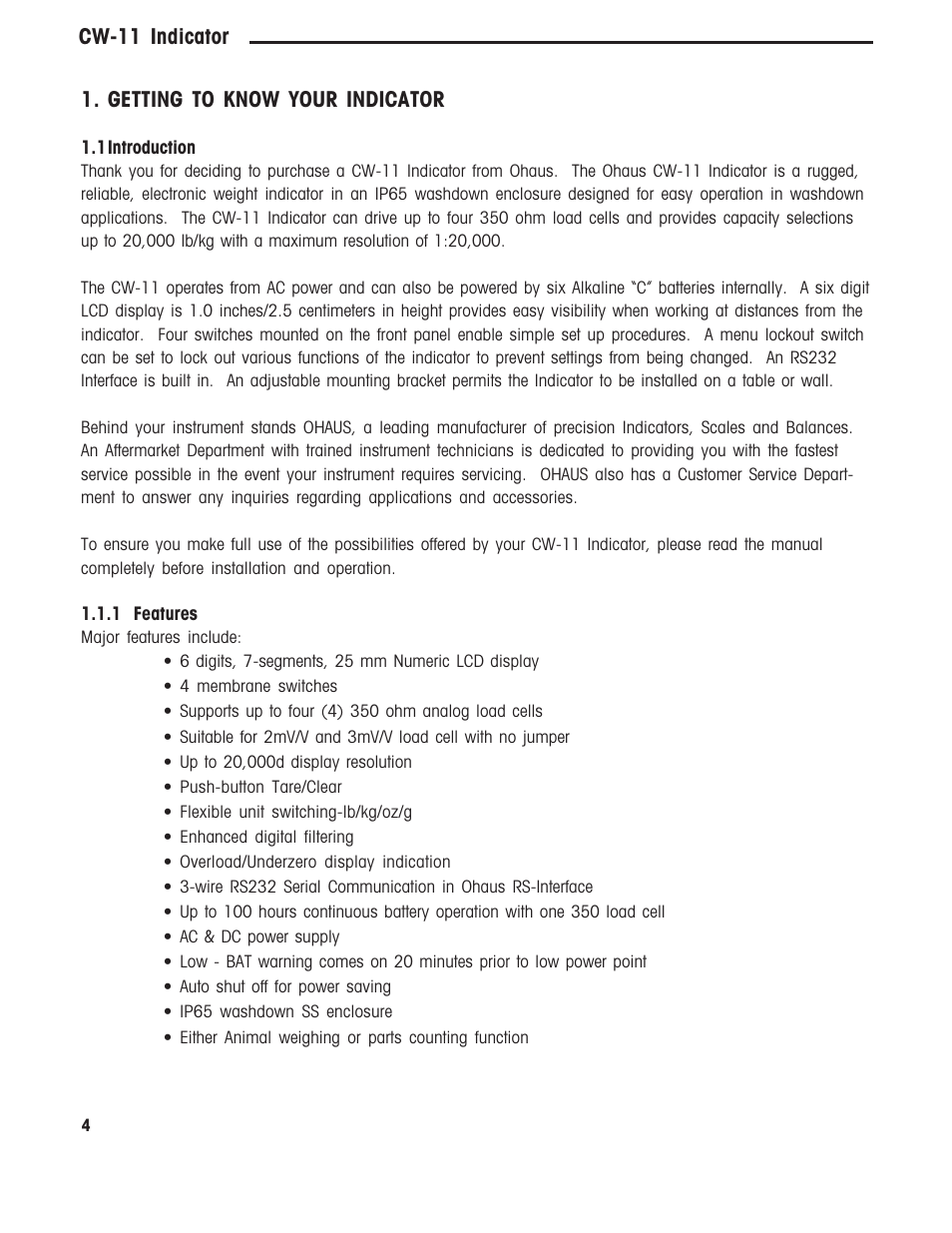 1 introduction, 1 features | Ohaus CW-11 Indicator User Manual | Page 7 / 37
