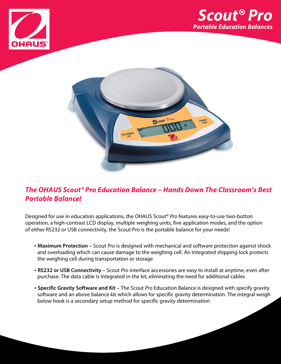 Ohaus SCOUT PRO PORTABLE BALANCES FOR EDUCATION Data Sheet User Manual | 3 pages