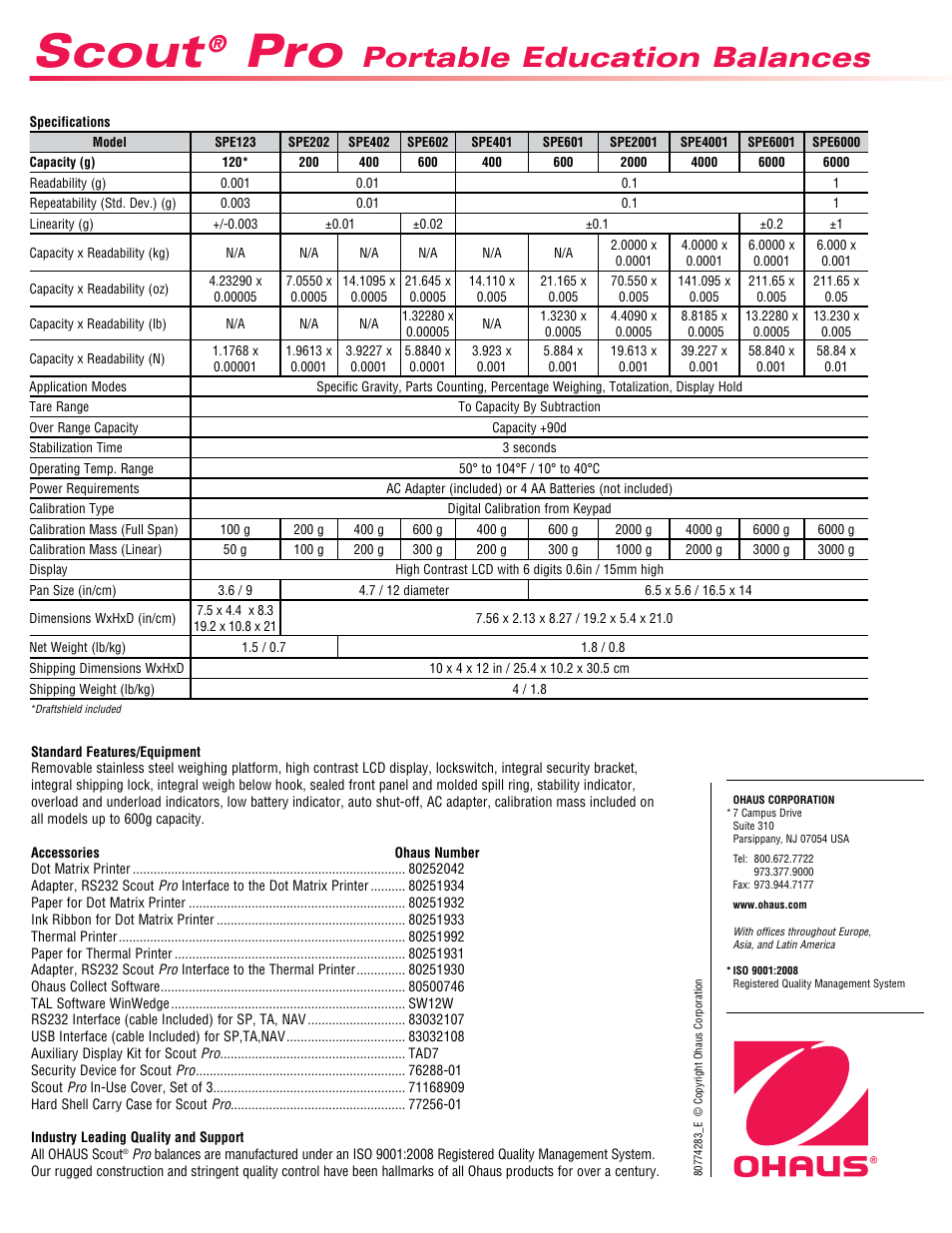 Scout, Portable education balances | Ohaus SCOUT PRO PORTABLE BALANCES FOR EDUCATION Data Sheet User Manual | Page 3 / 3