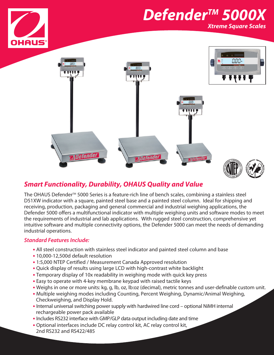 Ohaus DEFENDER 5000X Xtreme Square Scales Data Sheet User Manual | 4 pages