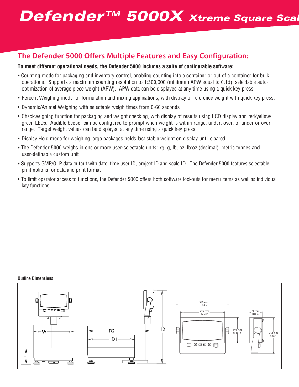 Defender, 5000x, Xtreme square scales | Ohaus DEFENDER 5000X Xtreme Square Scales Data Sheet User Manual | Page 2 / 4