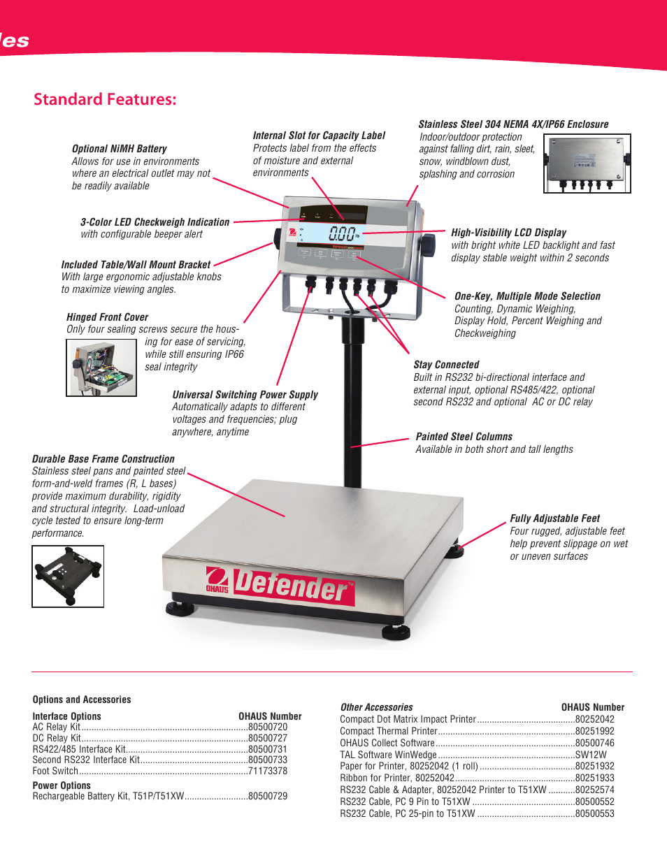 Defender, 5000x, Xtreme square scales | Standard features | Ohaus DEFENDER 5000X Xtreme Square Scales Data Sheet User Manual | Page 3 / 4