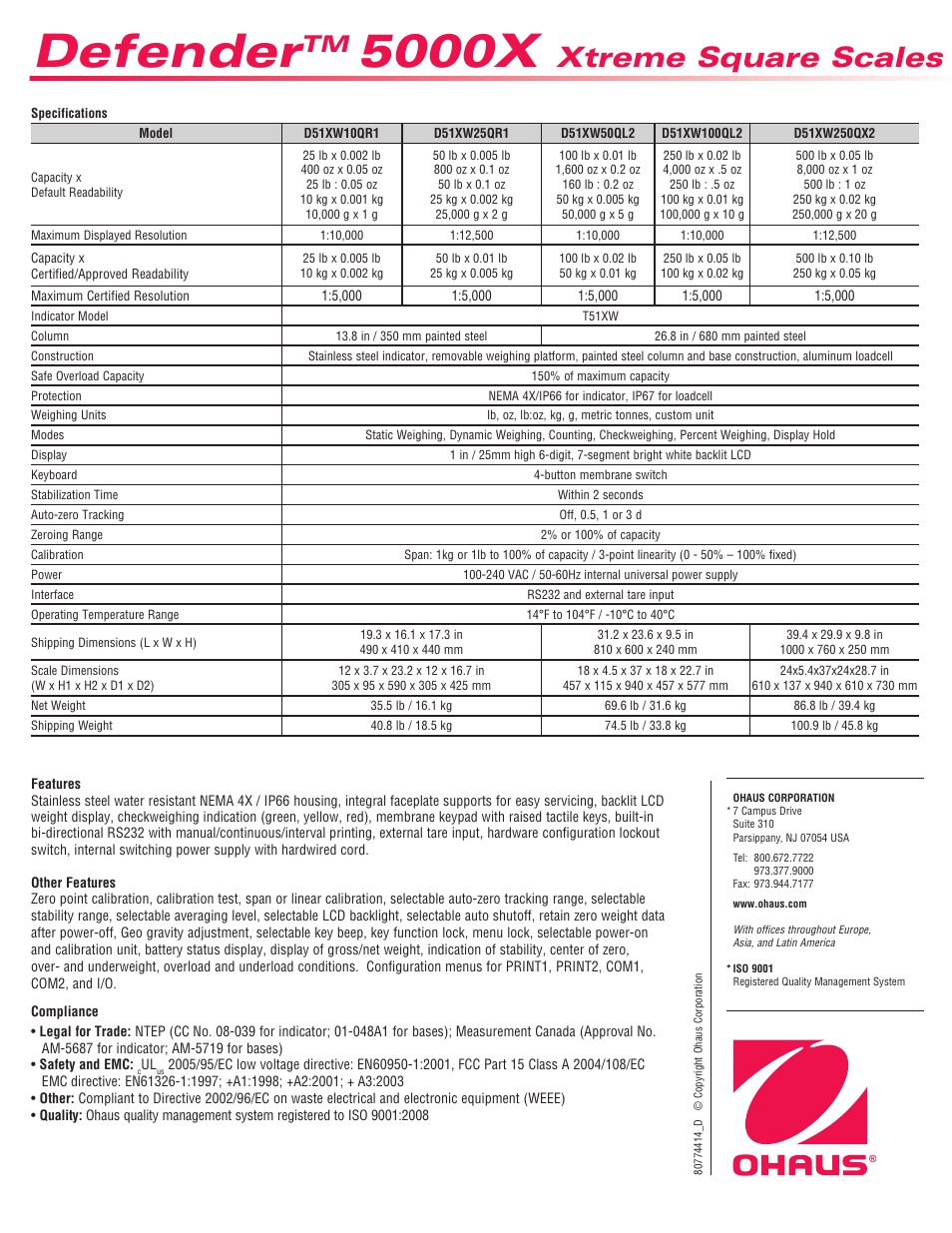Defender, 5000x, Xtreme square scales | Ohaus DEFENDER 5000X Xtreme Square Scales Data Sheet User Manual | Page 4 / 4