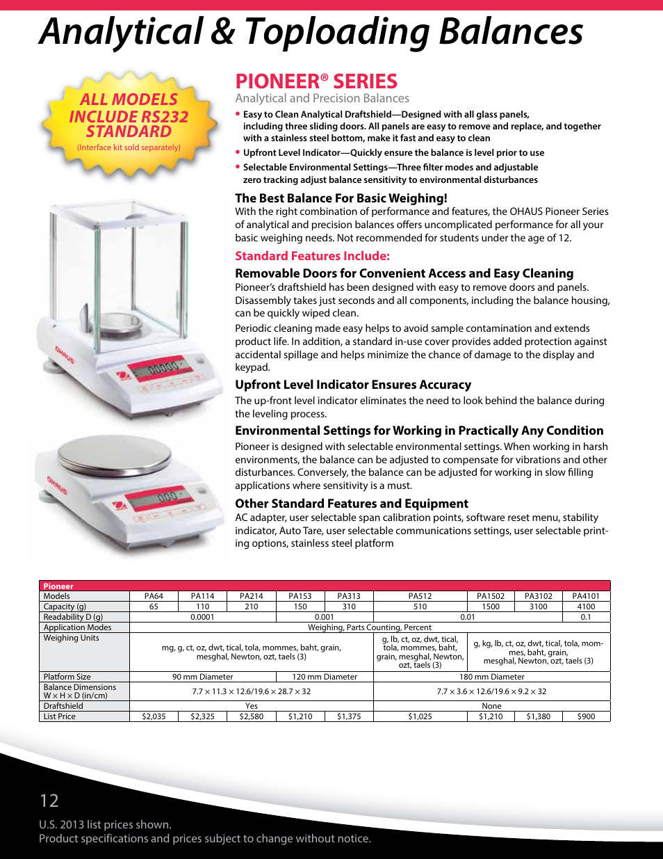 Analytical & toploading balances, Pioneer® series, All models include rs232 standard | Ohaus Education Market Brochure User Manual | Page 14 / 16