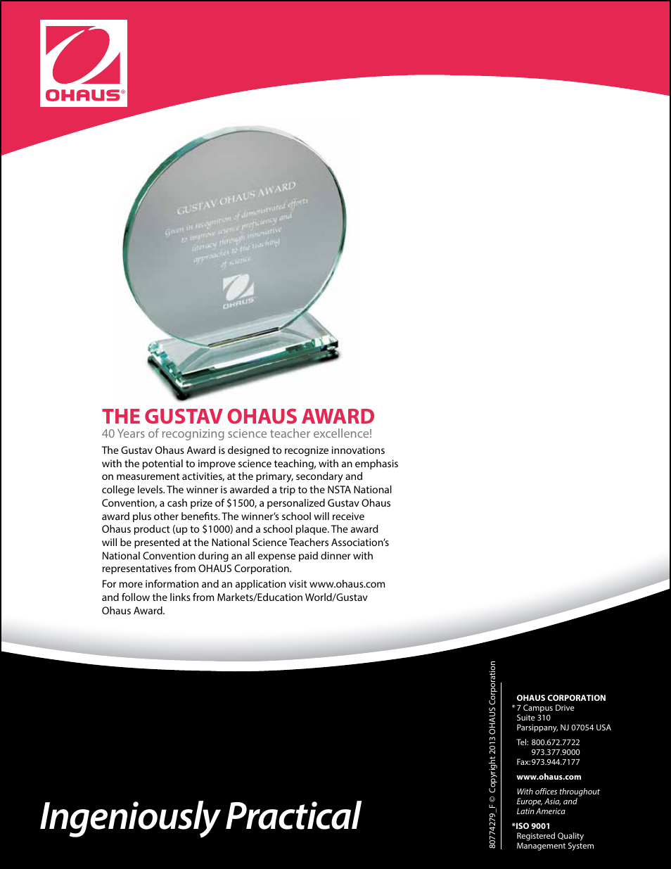 Ingeniously practical, The gustav ohaus award | Ohaus Education Market Brochure User Manual | Page 16 / 16