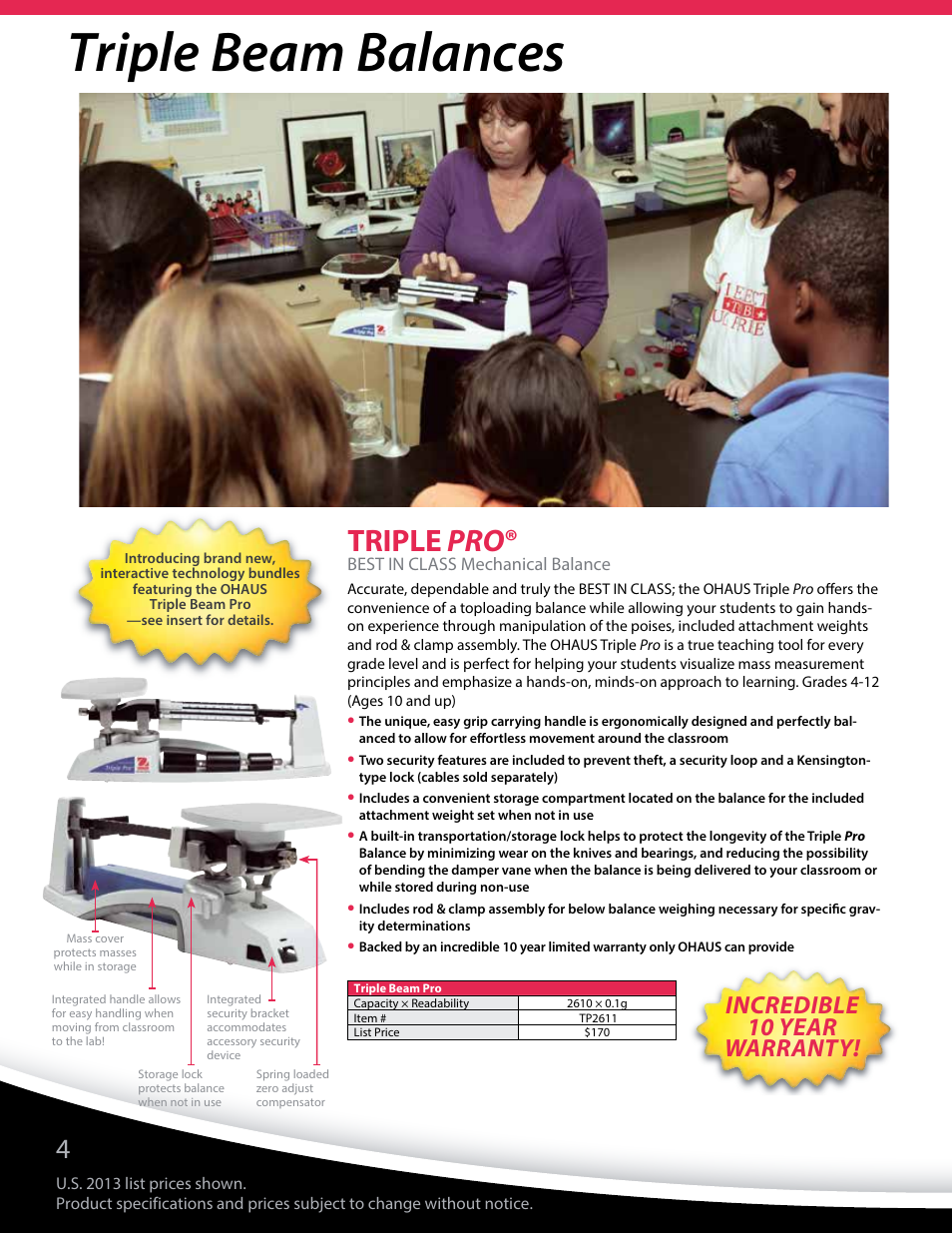 Triple beam balances, Triple pro, Incredible 10 year warranty | Ohaus Education Market Brochure User Manual | Page 6 / 16