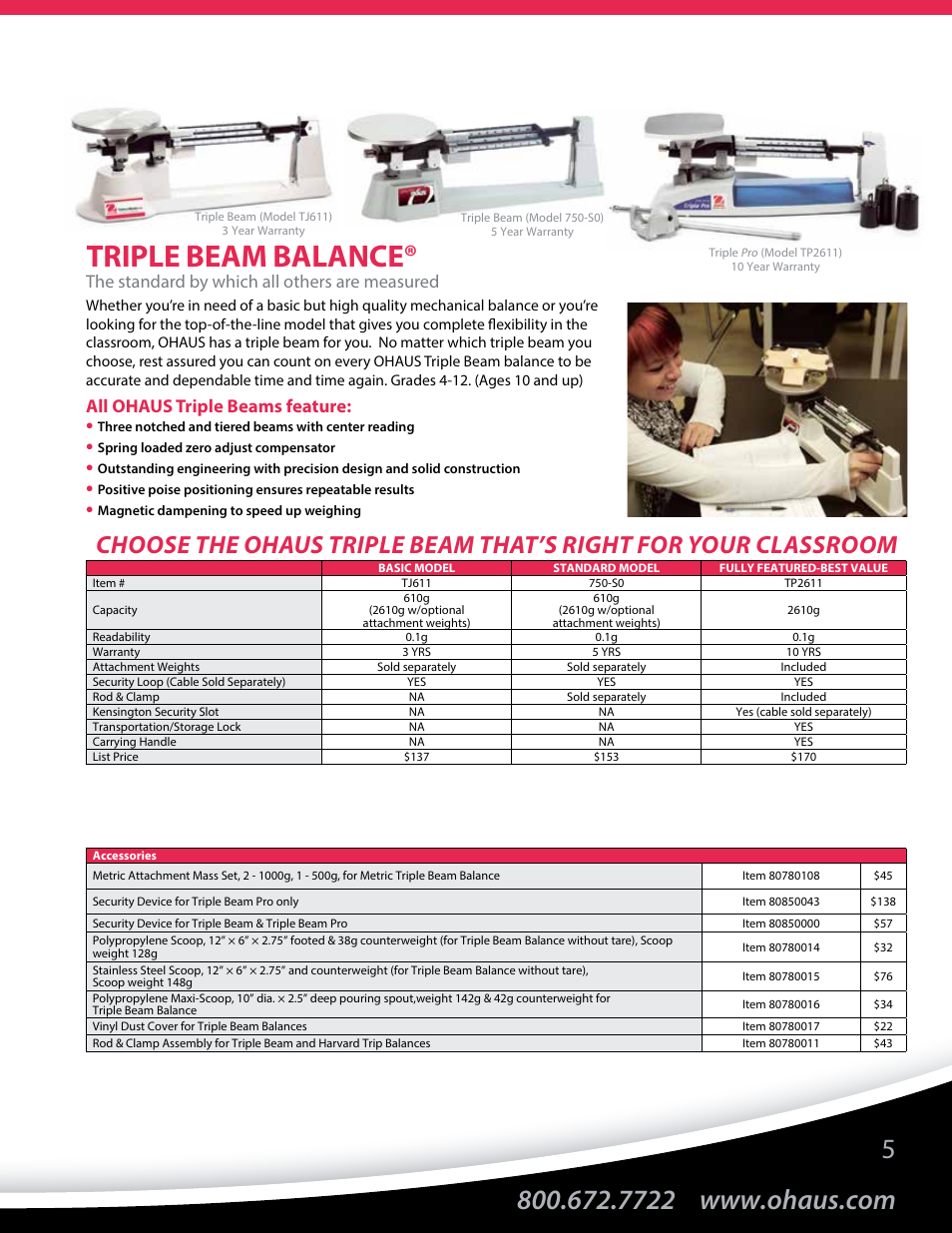 Triple beam balance, The standard by which all others are measured, All ohaus triple beams feature | Ohaus Education Market Brochure User Manual | Page 7 / 16