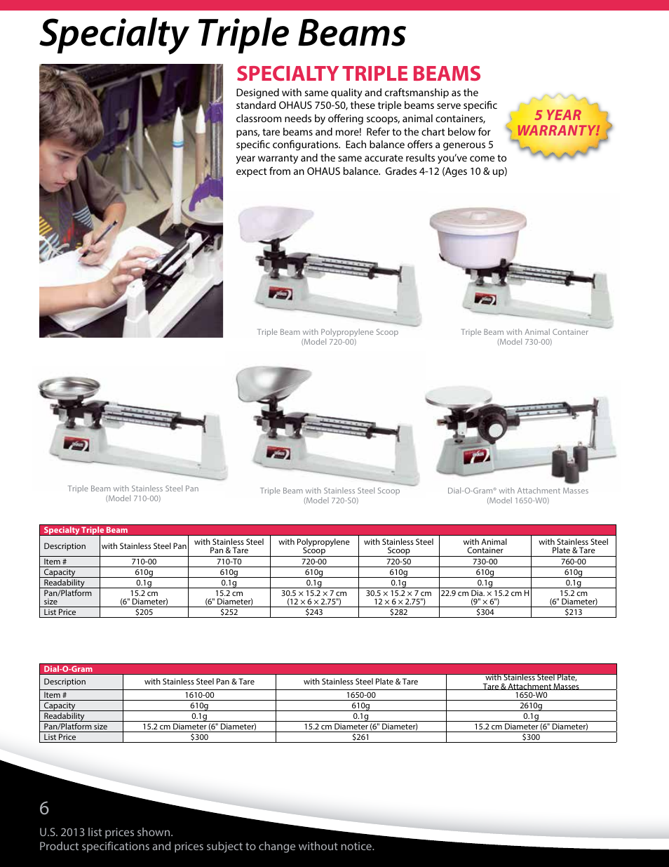 Specialty triple beams, 5 year warranty | Ohaus Education Market Brochure User Manual | Page 8 / 16