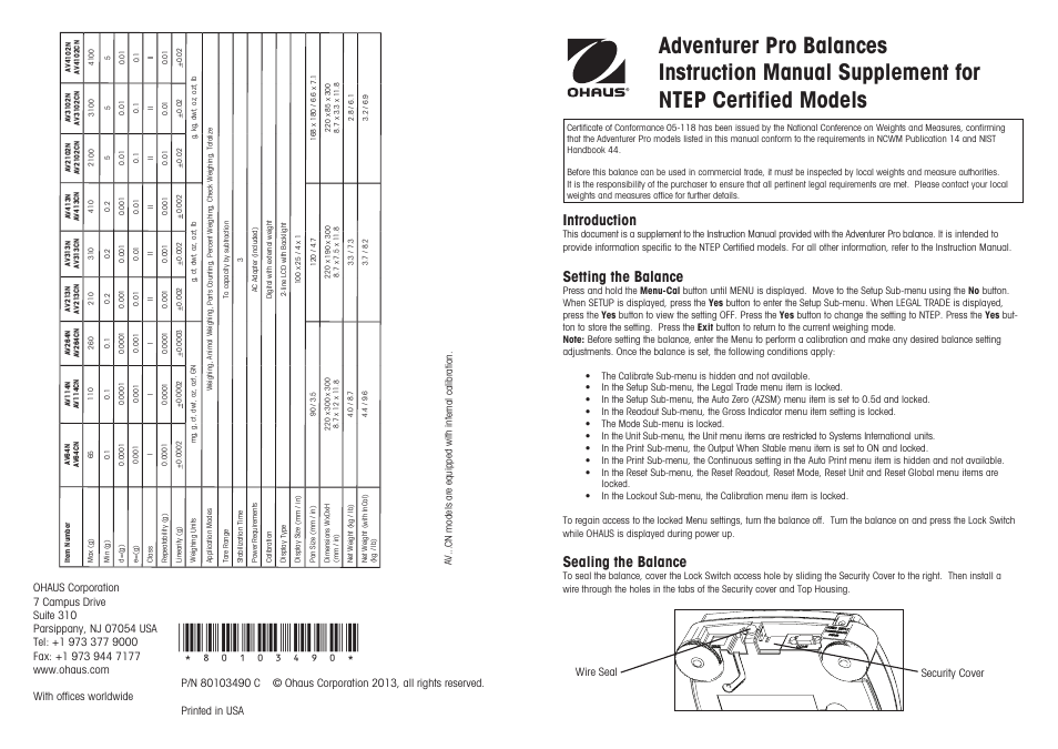 Ohaus ADVENTURER PRO PHARMACY BALANCES Manual Supplement for NTEP Certified Models User Manual | 2 pages