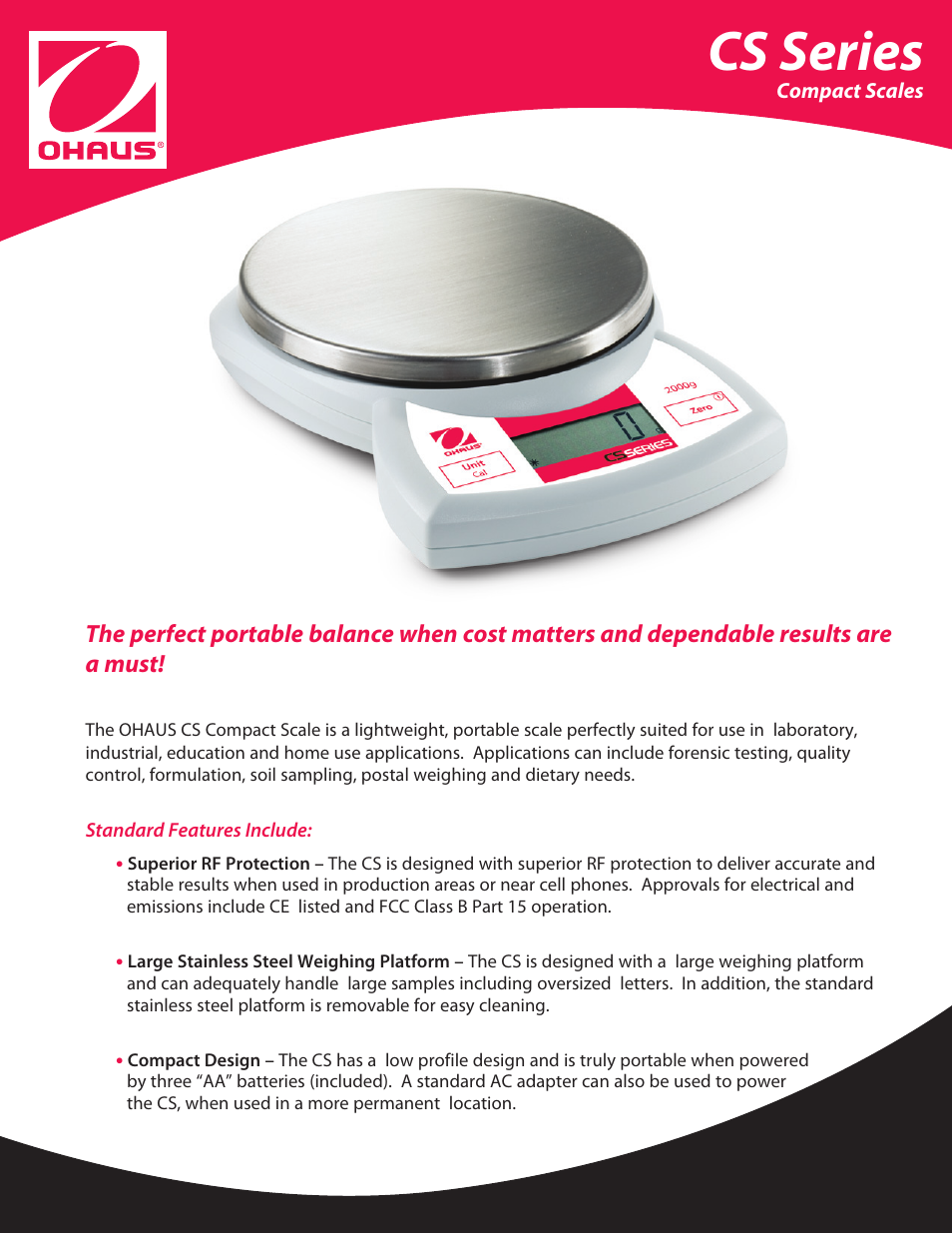 Ohaus CS PORTABLE BALANCES Data Sheet User Manual | 2 pages