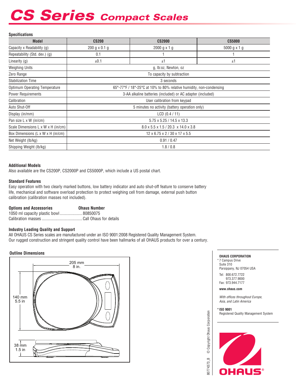 Cs series, Compact scales | Ohaus CS PORTABLE BALANCES Data Sheet User Manual | Page 2 / 2