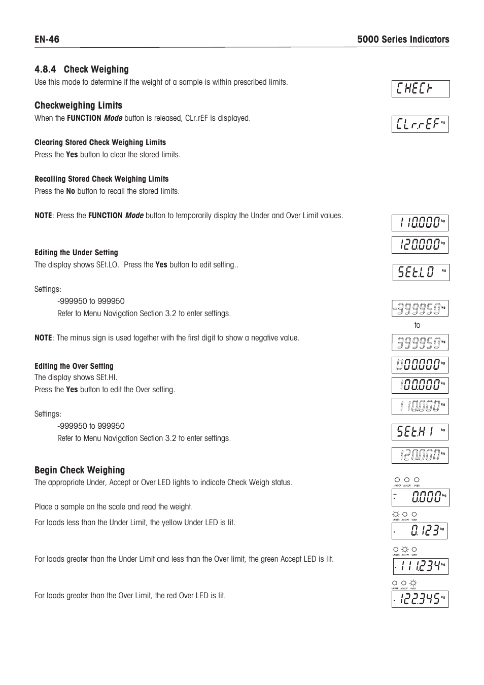Checkweighing limits, Begin check weighing | Ohaus DEFENDER 5000 BENCH SCALES Manual en User Manual | Page 48 / 64