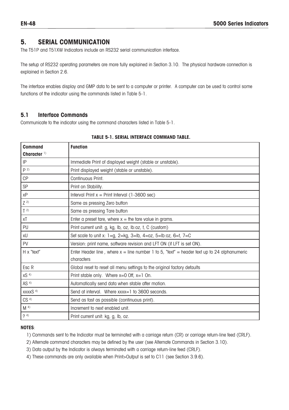 Serial communication, 1 interface commands | Ohaus DEFENDER 5000 BENCH SCALES Manual en User Manual | Page 50 / 64