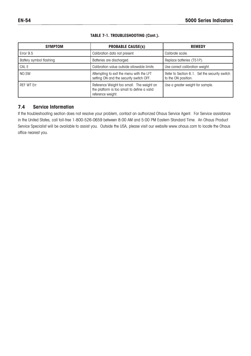 4 service information | Ohaus DEFENDER 5000 BENCH SCALES Manual en User Manual | Page 56 / 64