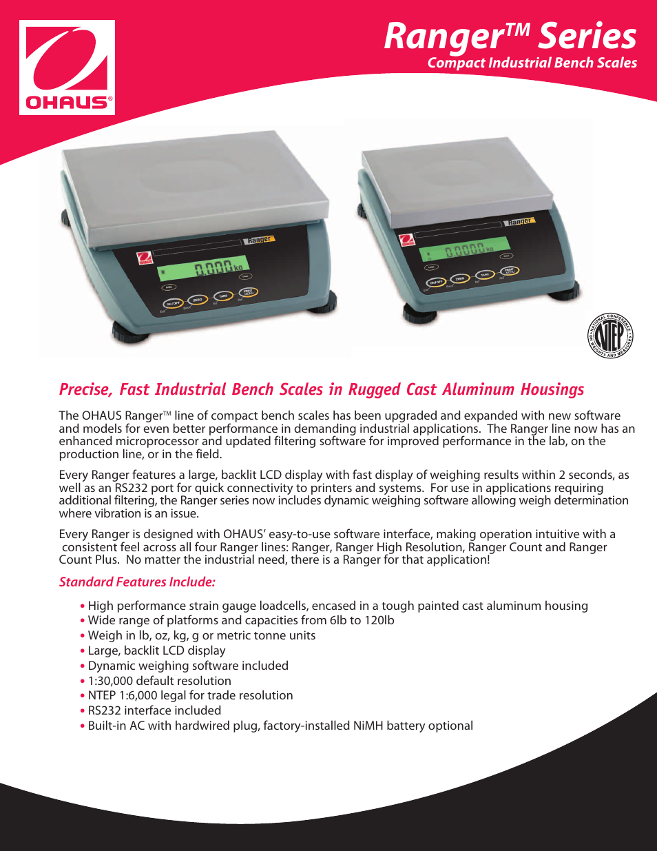 Ohaus RANGER COMPACT SCALES Data Sheet User Manual | 2 pages