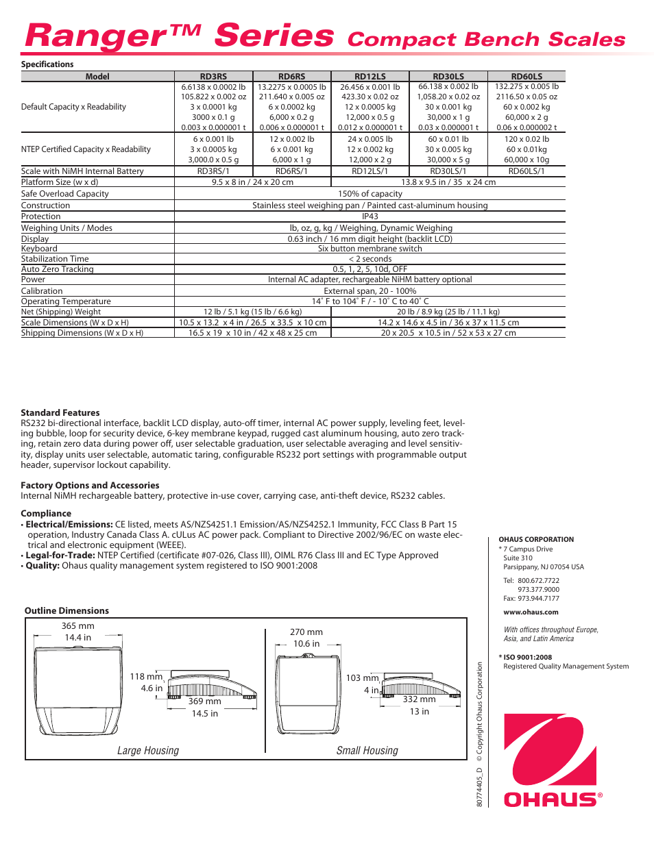 Ranger, Series, Compact bench scales | Ohaus RANGER COMPACT SCALES Data Sheet User Manual | Page 2 / 2