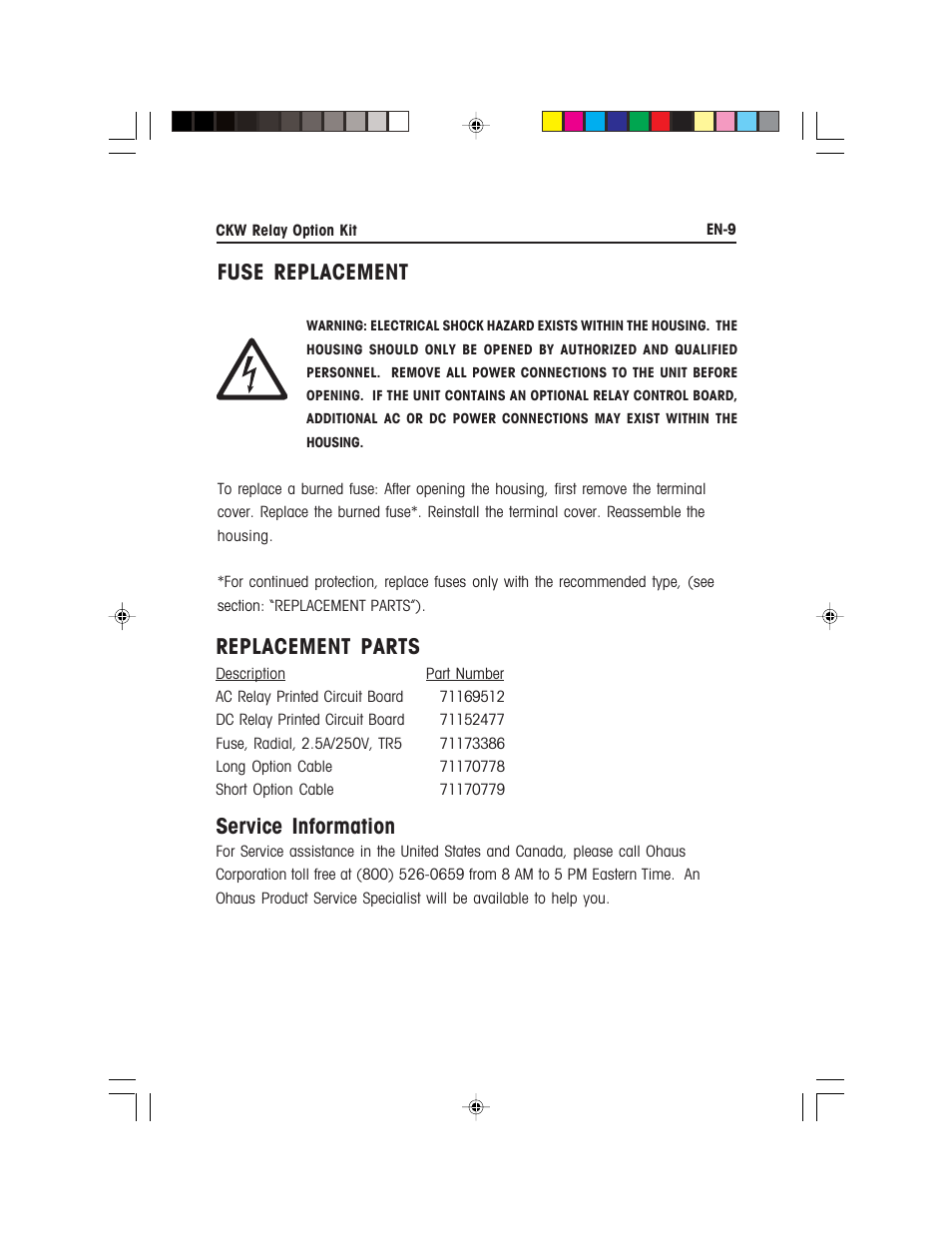 Replacement parts, Service information, Fuse replacement | Ohaus CKW WASHDOWN CHECKWEIGHING SCALES_INDICATOR Relay Option Kit Manual multi User Manual | Page 10 / 52