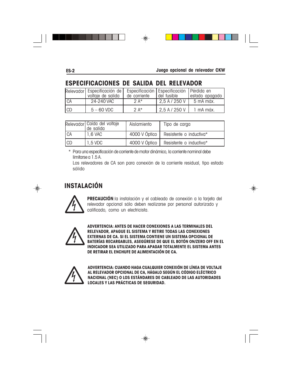 Especificaciones de salida del relevador, Instalación | Ohaus CKW WASHDOWN CHECKWEIGHING SCALES_INDICATOR Relay Option Kit Manual multi User Manual | Page 13 / 52