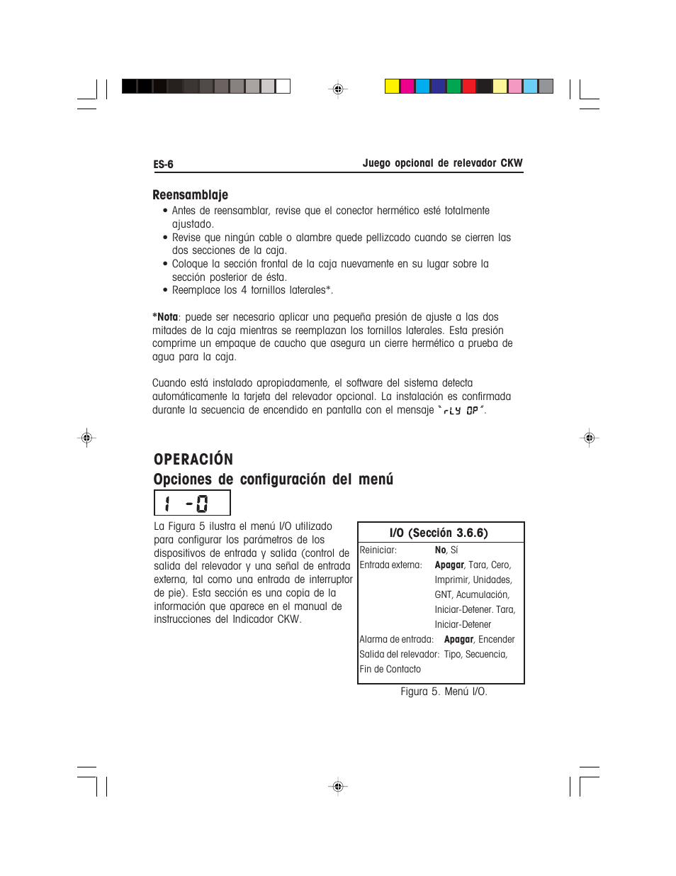 Operación opciones de configuración del menú, Reensamblaje | Ohaus CKW WASHDOWN CHECKWEIGHING SCALES_INDICATOR Relay Option Kit Manual multi User Manual | Page 17 / 52
