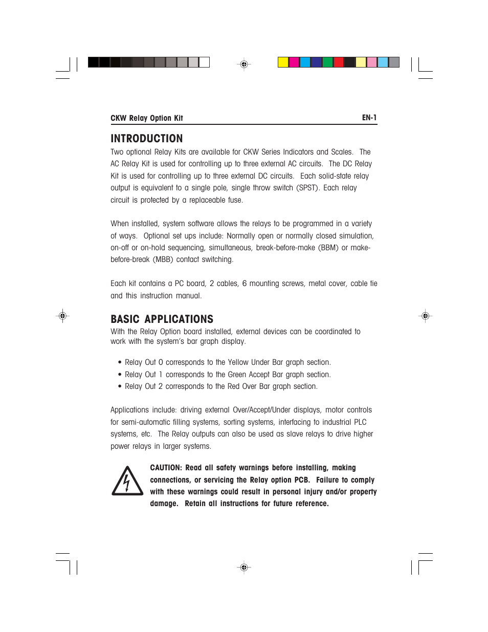 Introduction, Basic applications | Ohaus CKW WASHDOWN CHECKWEIGHING SCALES_INDICATOR Relay Option Kit Manual multi User Manual | Page 2 / 52