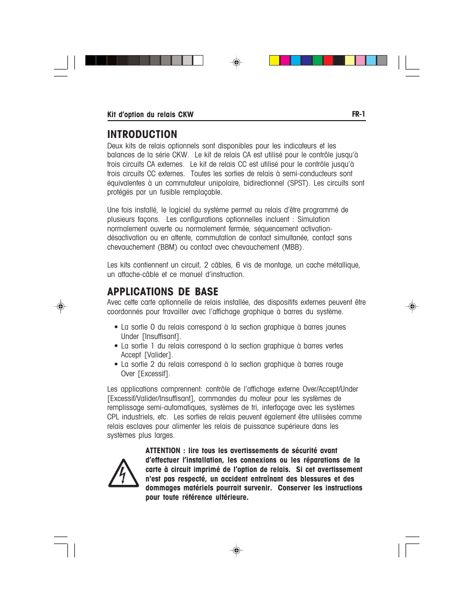 Introduction, Applications de base | Ohaus CKW WASHDOWN CHECKWEIGHING SCALES_INDICATOR Relay Option Kit Manual multi User Manual | Page 22 / 52