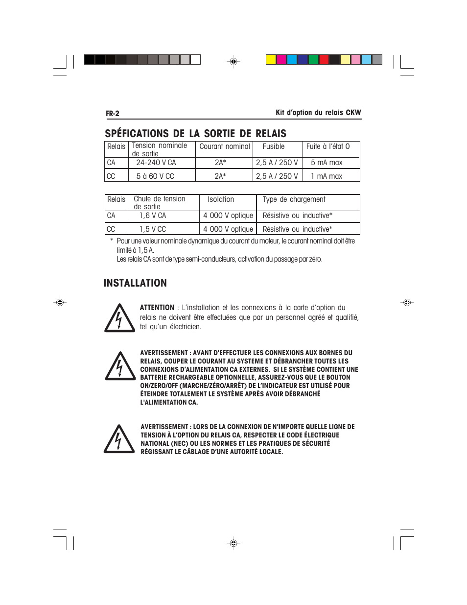 Spéfications de la sortie de relais, Installation | Ohaus CKW WASHDOWN CHECKWEIGHING SCALES_INDICATOR Relay Option Kit Manual multi User Manual | Page 23 / 52