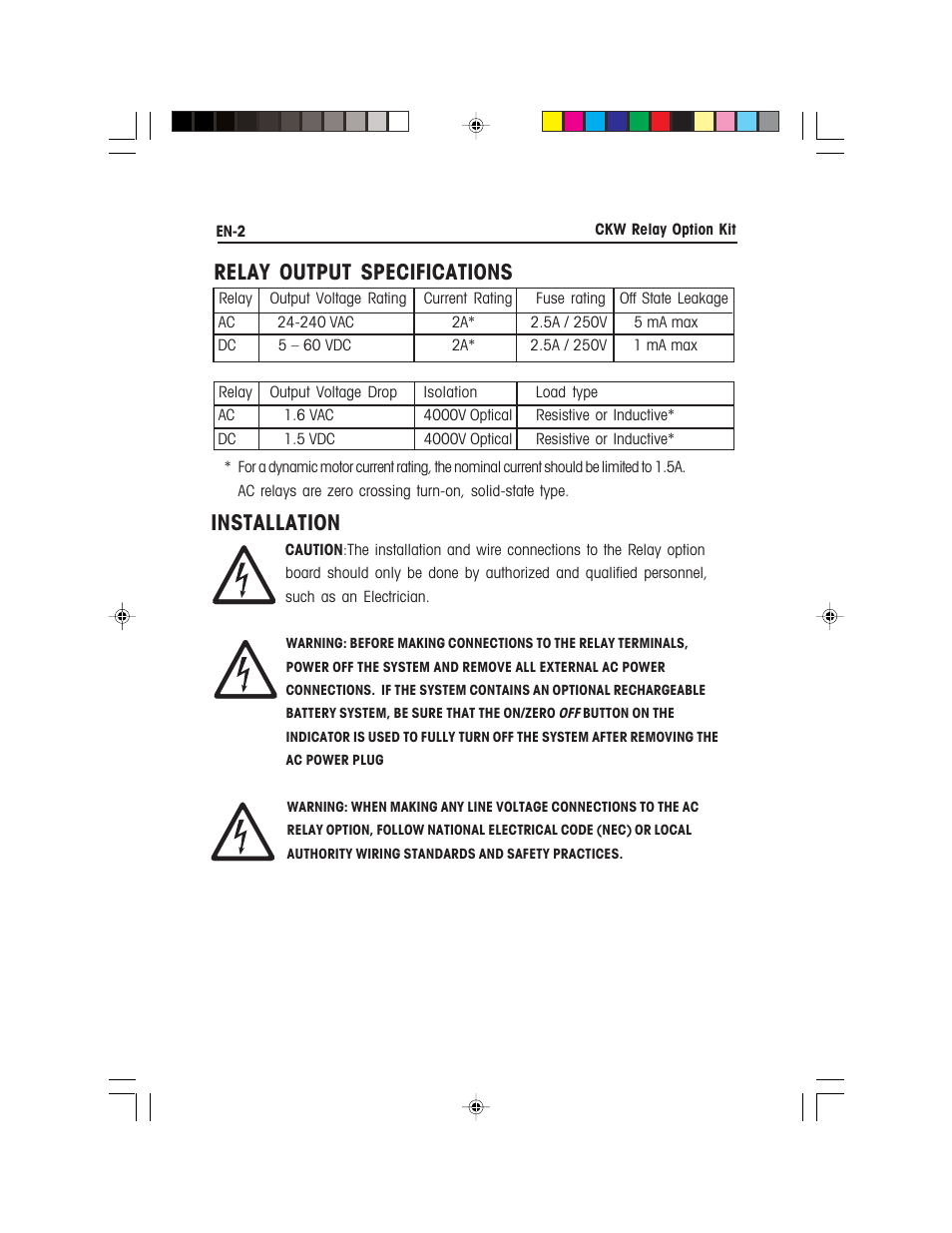 Relay output specifications, Installation | Ohaus CKW WASHDOWN CHECKWEIGHING SCALES_INDICATOR Relay Option Kit Manual multi User Manual | Page 3 / 52